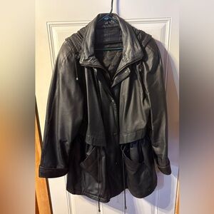 Jacqueline Ferrar Genuine Leather Black Hooded Jacket Womens Large/XLarge